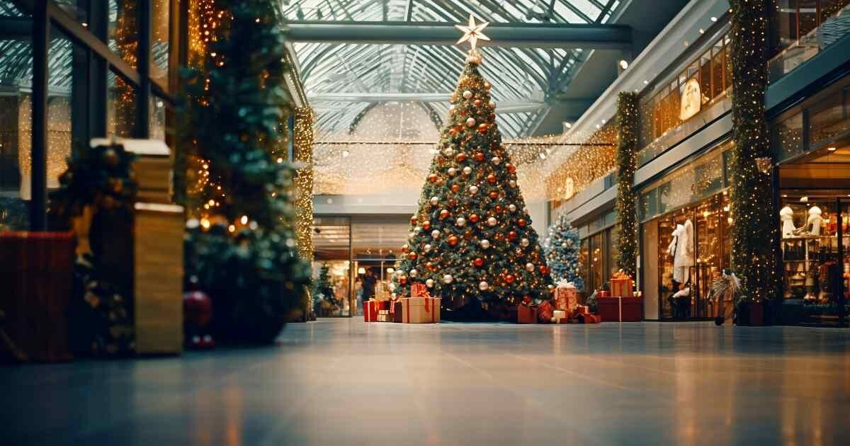 giant christmas tree with presents displayed in the mall 